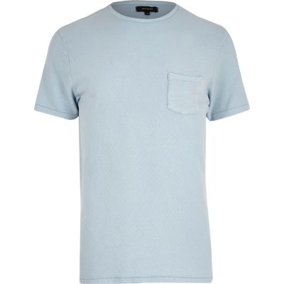 Blue textured crew neck t-shirt